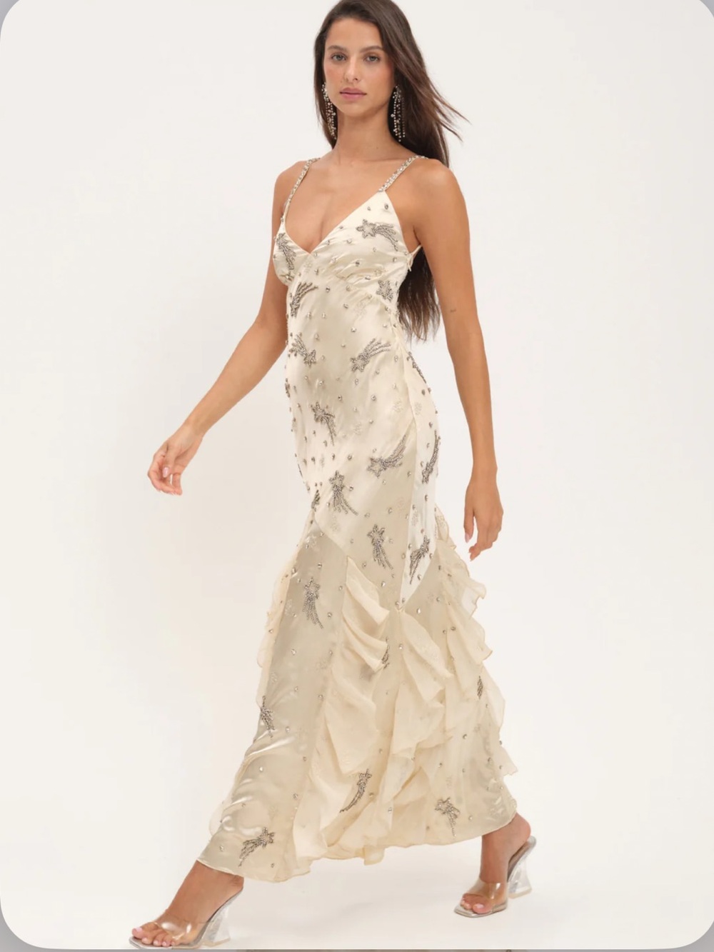 For Love & Lemons Elea Beaded Shooting Stars Ruffles Dreamy Maxi Dress XXS - Picture 2 of 11